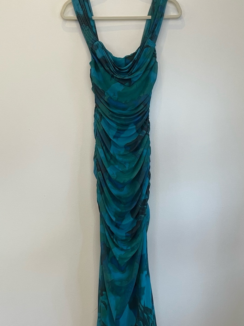 Kutumai Teal Ruched Cowl Neck Evening Dress